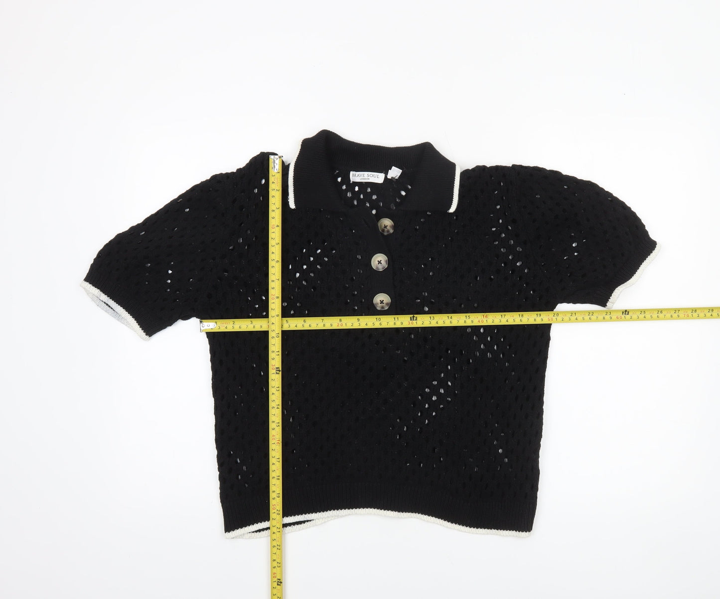 Brave Soul Women's Black Open Knit Collared Henley Jumper L