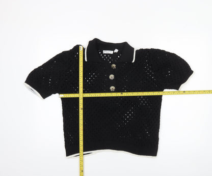 Brave Soul Women's Black Open Knit Collared Henley Jumper L