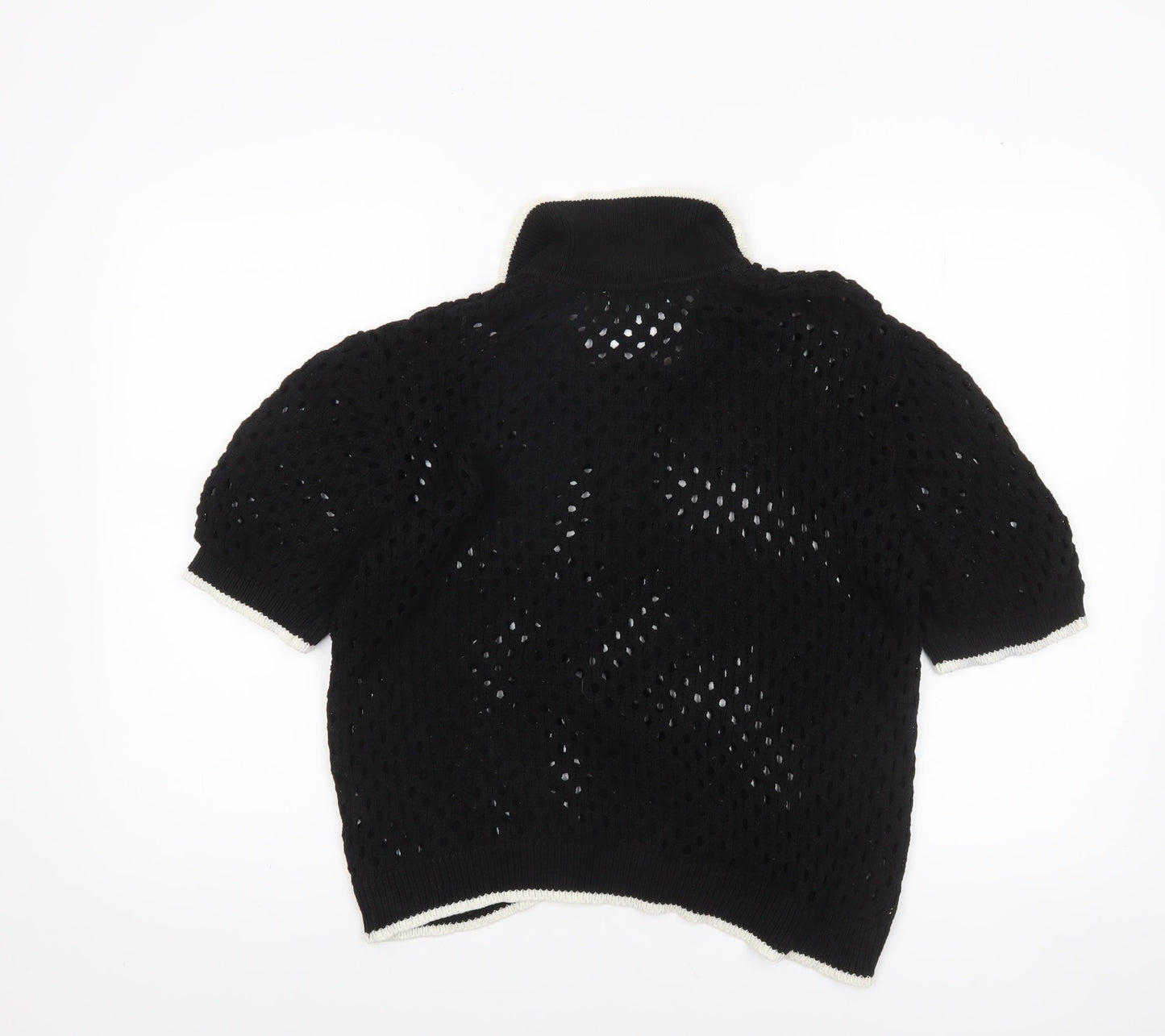 Brave Soul Women's Black Open Knit Collared Henley Jumper L