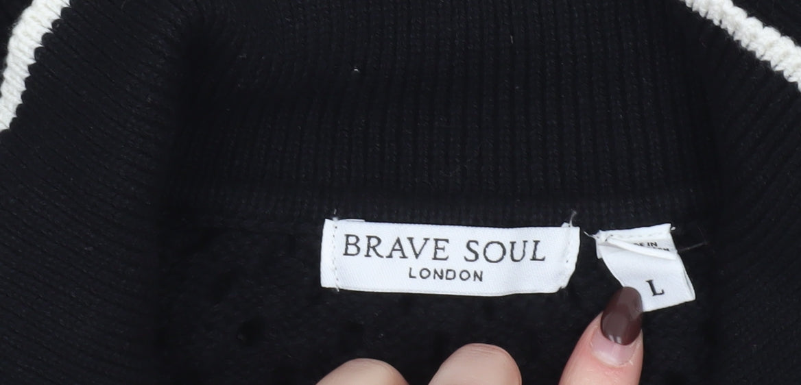 Brave Soul Women's Black Open Knit Collared Henley Jumper L