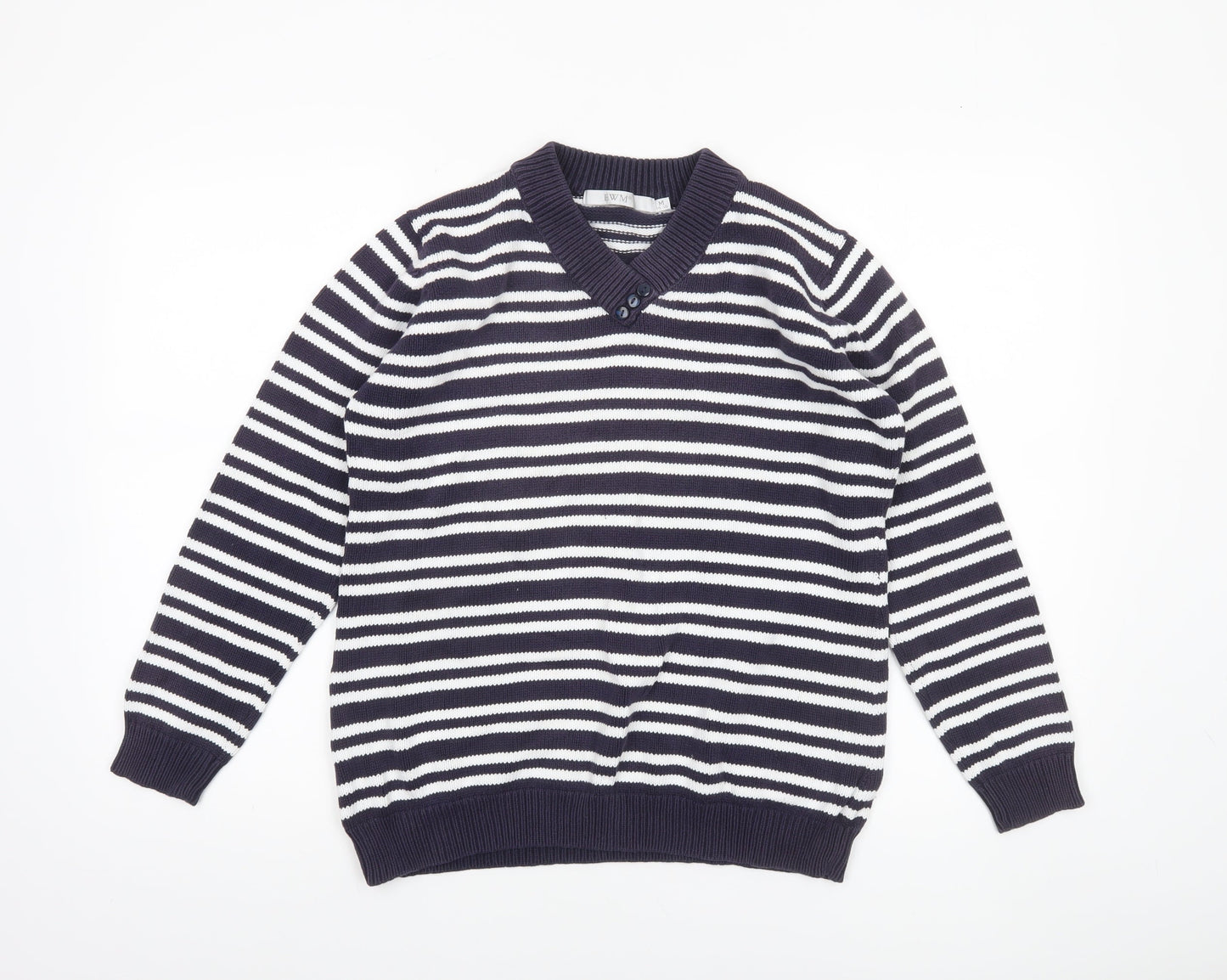 EWM Women's Blue Striped Cotton V-Neck Jumper Size M 14-16