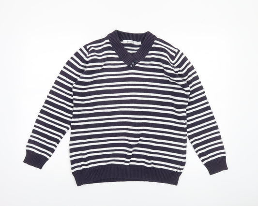 EWM Women's Blue Striped Cotton V-Neck Jumper Size M 14-16