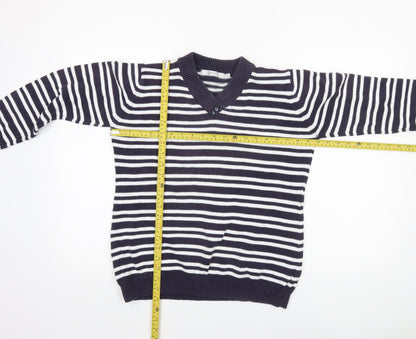 EWM Women's Blue Striped Cotton V-Neck Jumper Size M 14-16