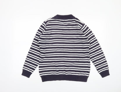 EWM Women's Blue Striped Cotton V-Neck Jumper Size M 14-16