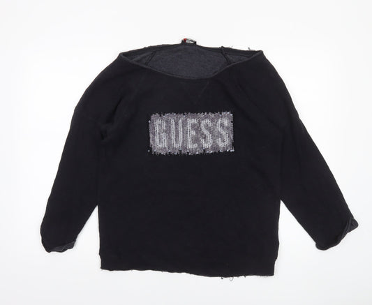 Guess Womens Black Sequin Logo Long Sleeve Jersey Top UK 12