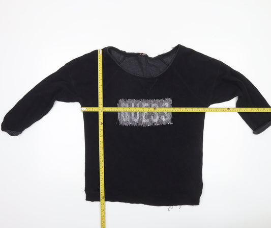 Guess Womens Black Sequin Logo Long Sleeve Jersey Top UK 12