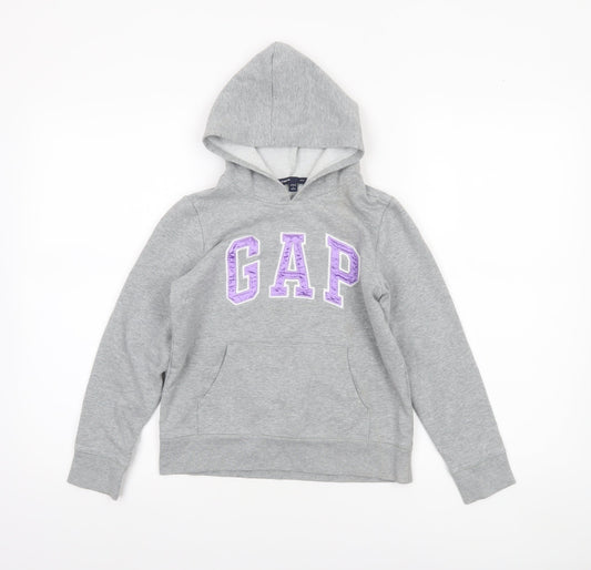 GAP Girls Grey Logo Pullover Hoodie L 10-11 Years Cotton Blend