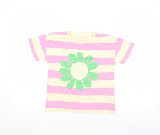 Lindex Girls Multicoloured Striped Flower Graphic Cotton T-Shirt 10-11 Years