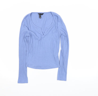 New Look Women’s Blue Ribbed Long Sleeve V-Neck Slim Fit Top Size 8