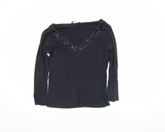 Evie Women's Black Beaded V-Neck Long Sleeve Cotton Top Size 10