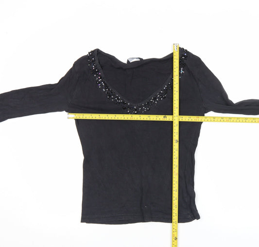 Evie Women's Black Beaded V-Neck Long Sleeve Cotton Top Size 10