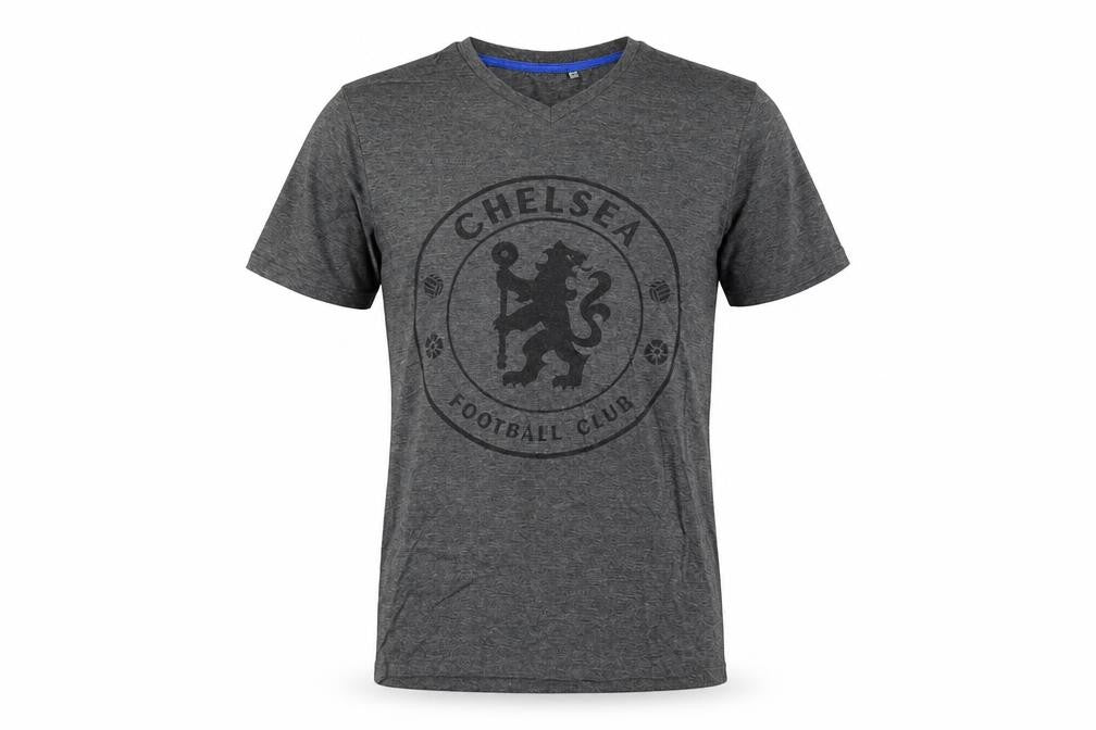 Front view of Chelsea Football Club Men's Grey V-Neck Short Sleeve T-Shirt, size S