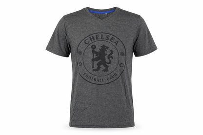 Front view of Chelsea Football Club Men's Grey V-Neck Short Sleeve T-Shirt, size S
