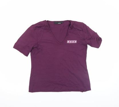 Hennes Women's Purple V-Neck Short Sleeve Stretch T-Shirt Size L