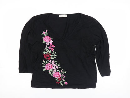 George Women’s Black Floral Embroidered Wrap Blouse Size 16