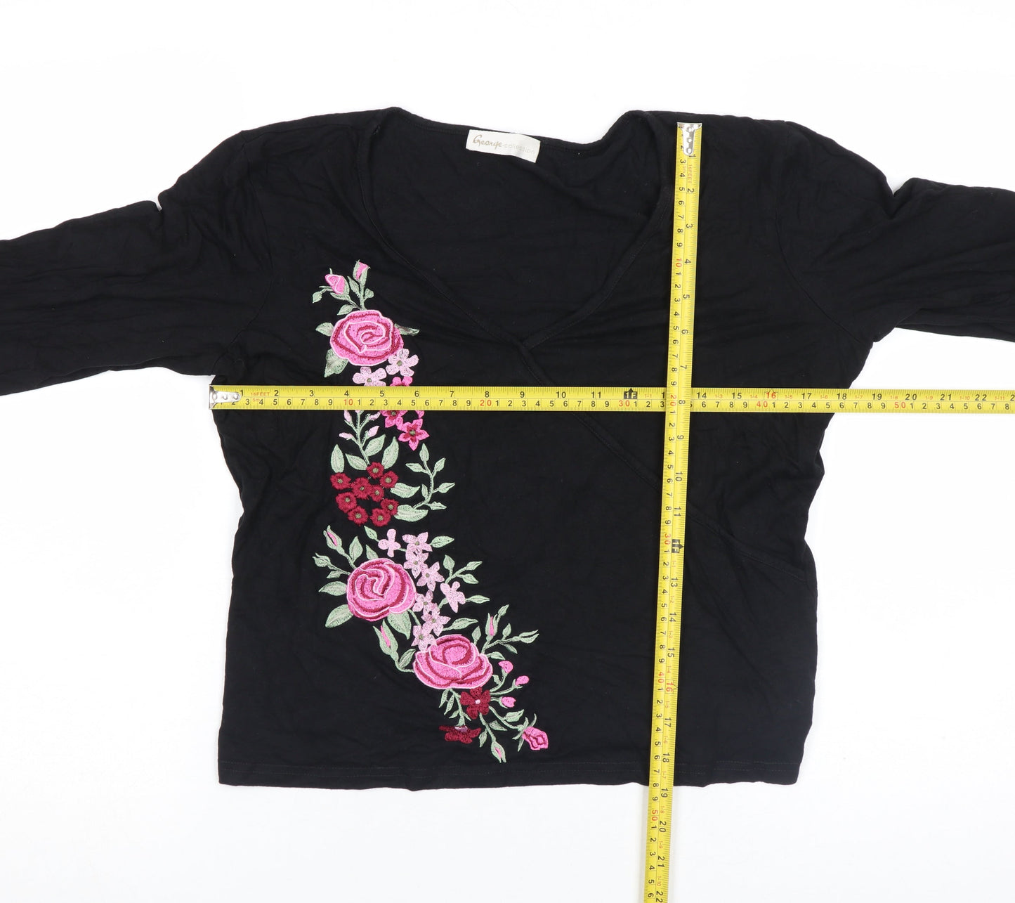 George Women’s Black Floral Embroidered Wrap Blouse Size 16