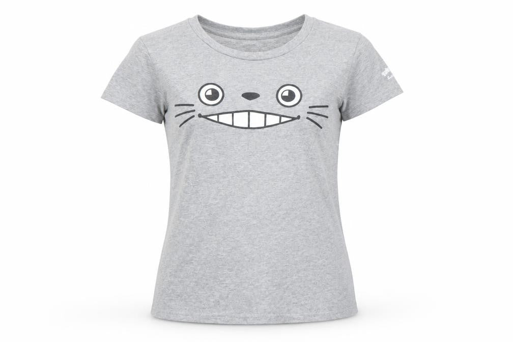 Front view of Earth Positive girls’ grey totoro graphic t-shirt, size S, organic cotton
