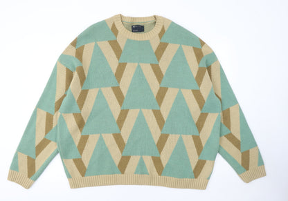 ASOS DESIGN Men's Green Beige Geometric Pullover Jumper Size L