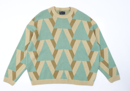 ASOS DESIGN Men's Green Beige Geometric Pullover Jumper Size L