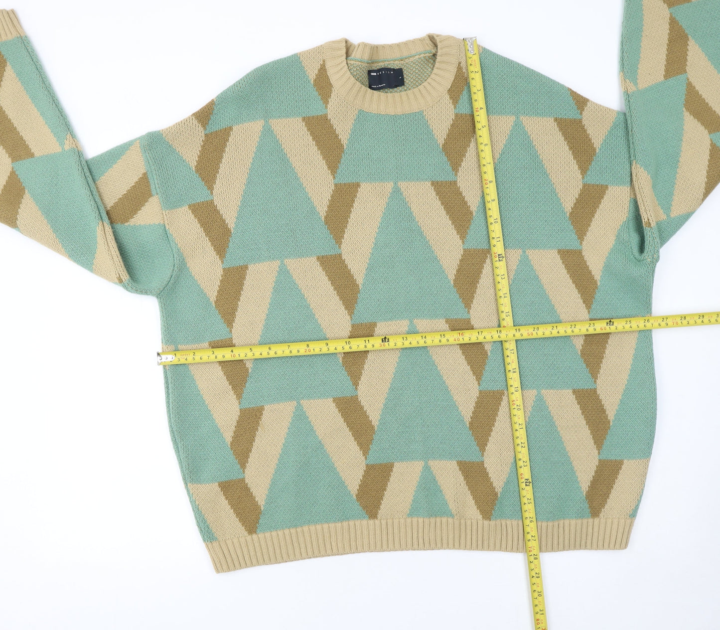 ASOS DESIGN Men's Green Beige Geometric Pullover Jumper Size L