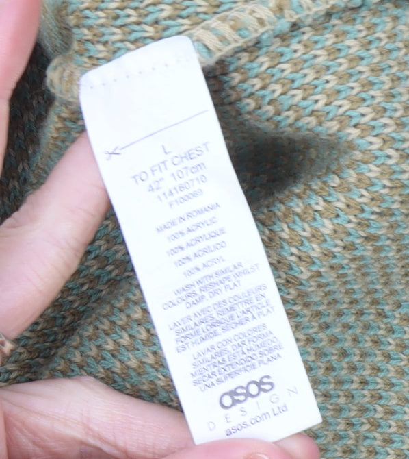 ASOS DESIGN Men's Green Beige Geometric Pullover Jumper Size L