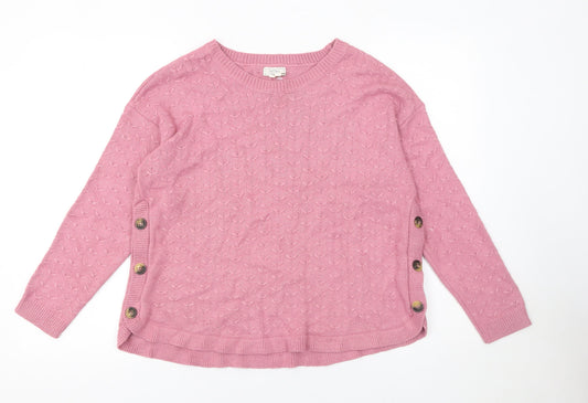 Fat Face Women Pink Crew Neck Side Button Knit Jumper Size 14