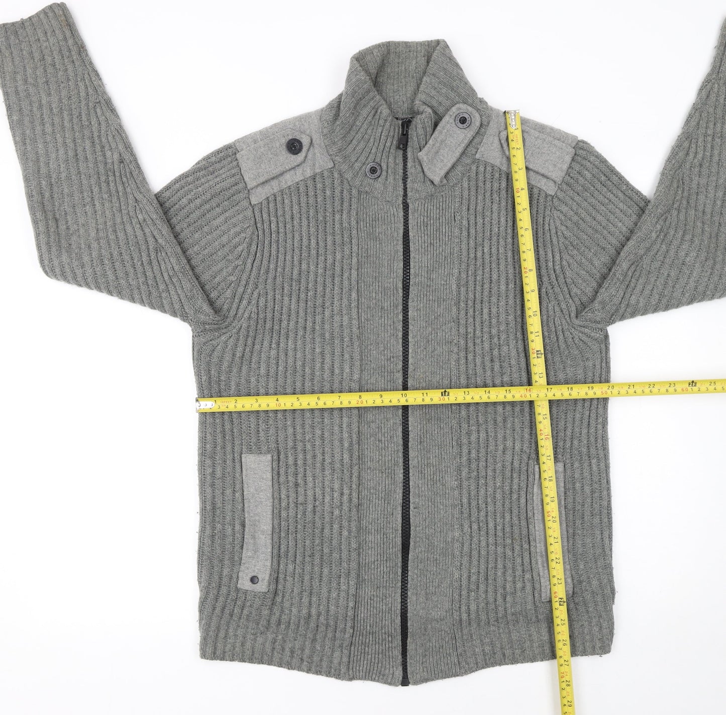 Next Men's Grey Full Zip Chunky Knit High Neck Jumper Size M