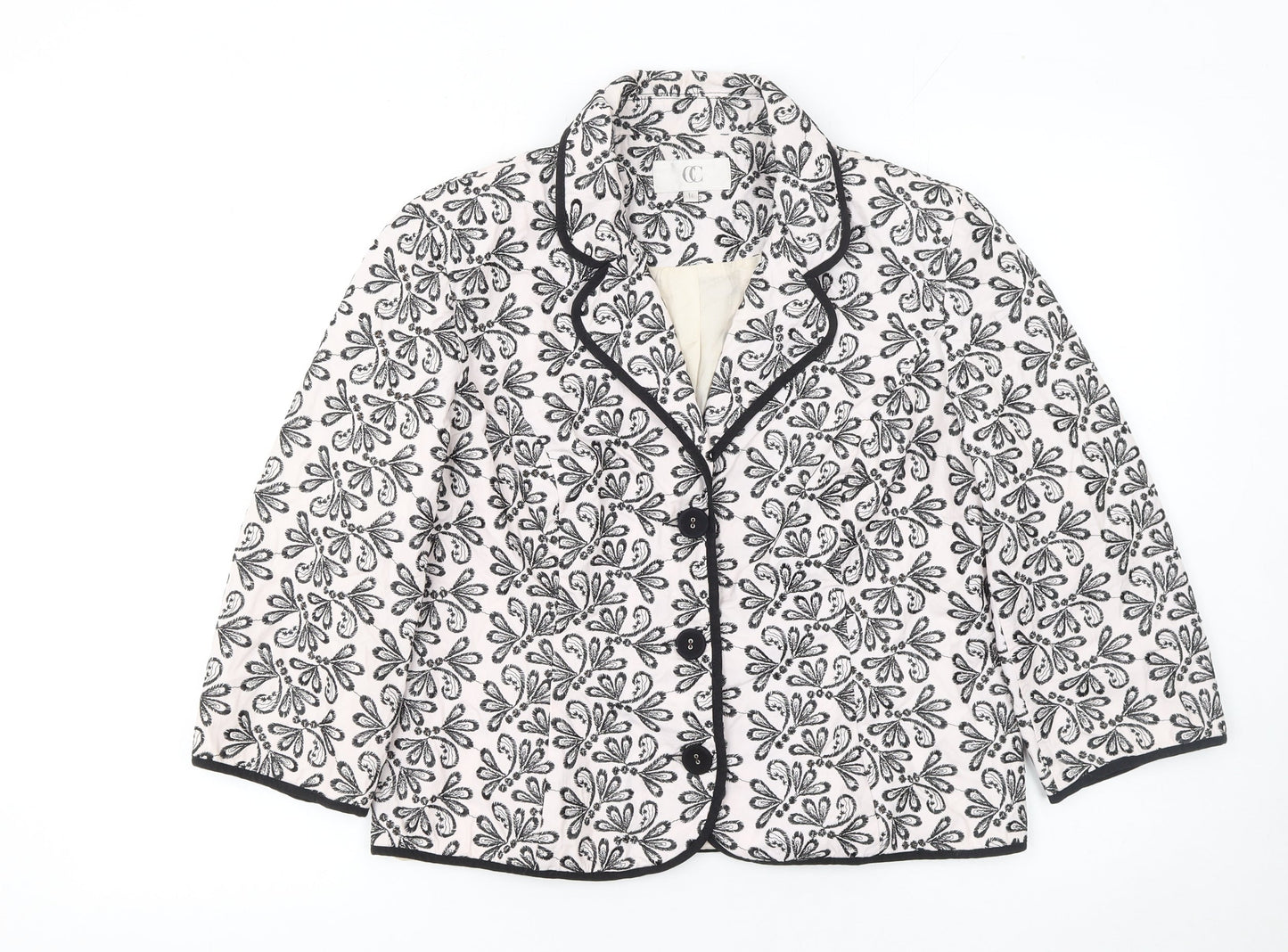 CC Women White Black Floral Embroidered Suit Jacket Size 14 Cotton Blend