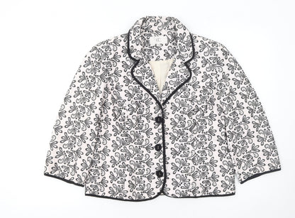 CC Women White Black Floral Embroidered Suit Jacket Size 14 Cotton Blend