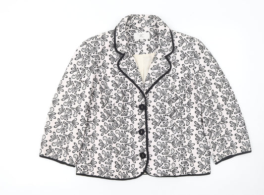 CC Women White Black Floral Embroidered Suit Jacket Size 14 Cotton Blend