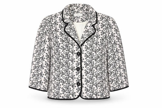 Country Casuals Women White Black Floral Embroidered Suit Jacket Size 14 Cotton Blend