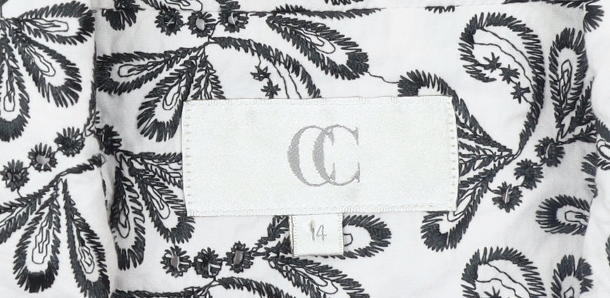 CC Women White Black Floral Embroidered Suit Jacket Size 14 Cotton Blend