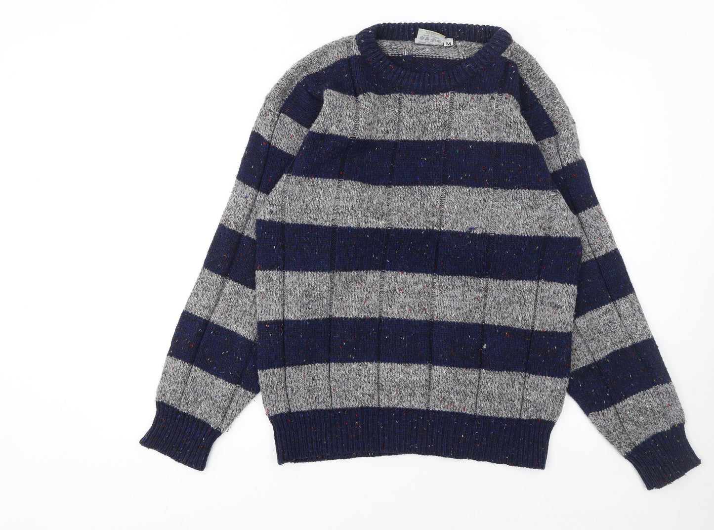 Avanti Men's Grey Blue Striped Chunky Knit Crew Neck Jumper M