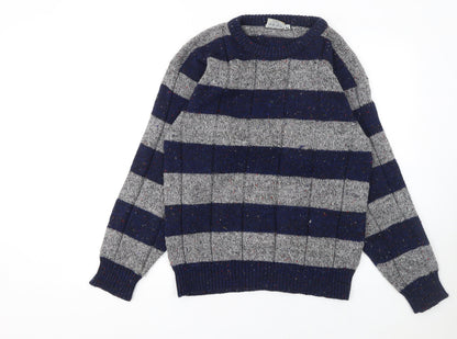 Avanti Men's Grey Blue Striped Chunky Knit Crew Neck Jumper M