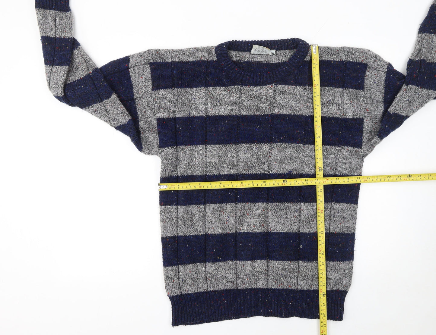 Avanti Men's Grey Blue Striped Chunky Knit Crew Neck Jumper M