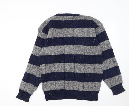Avanti Men's Grey Blue Striped Chunky Knit Crew Neck Jumper M