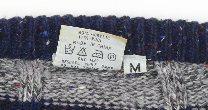 Avanti Men's Grey Blue Striped Chunky Knit Crew Neck Jumper M