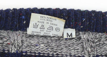 Avanti Men's Grey Blue Striped Chunky Knit Crew Neck Jumper M