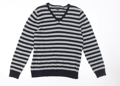 Gap Men's Grey Striped V-Neck Cotton Jumper Size M