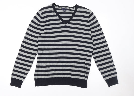 Gap Men's Grey Striped V-Neck Cotton Jumper Size M