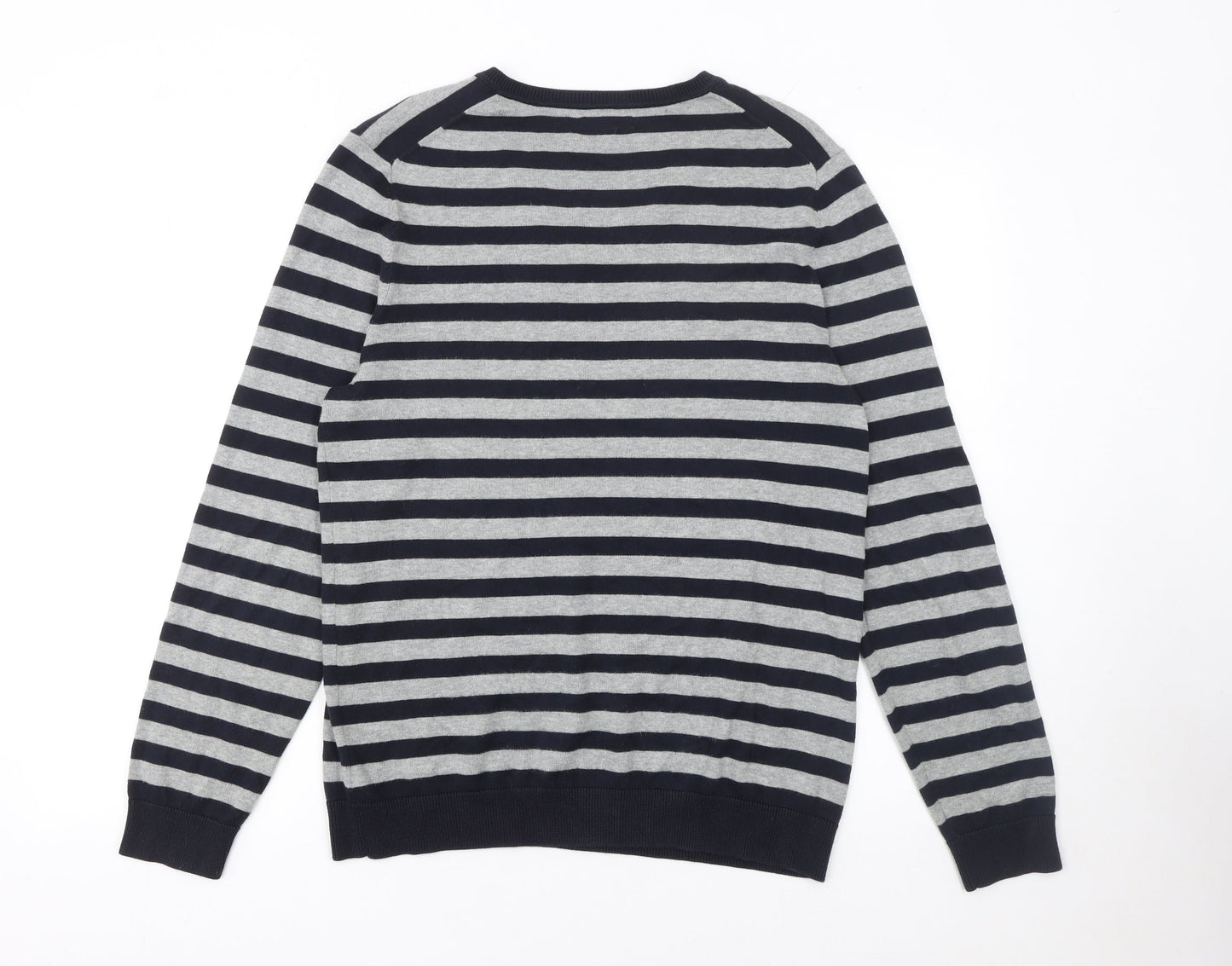 Gap Men's Grey Striped V-Neck Cotton Jumper Size M