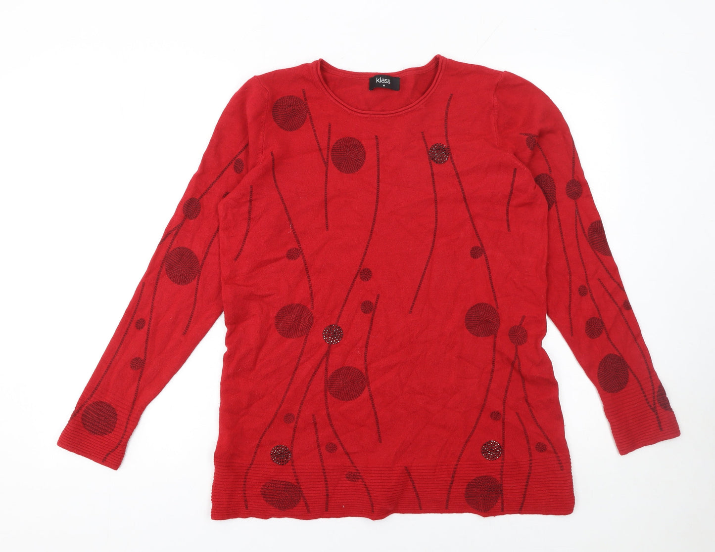 Klass Women Red Round Neck Beaded Pullover Jumper Size M