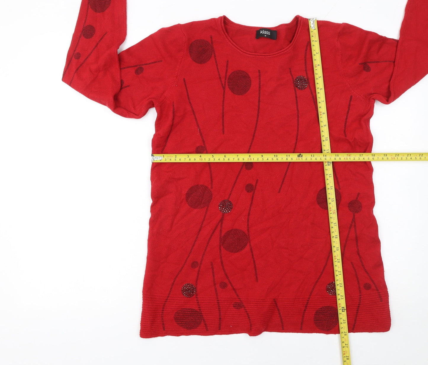 Klass Women Red Round Neck Beaded Pullover Jumper Size M