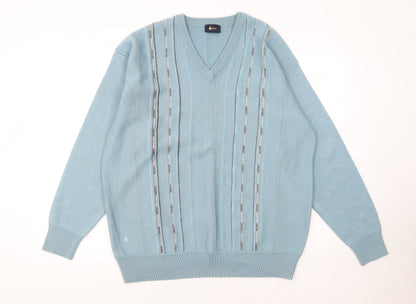 Galteco Men Blue Wool Blend V-Neck Pullover Jumper XL