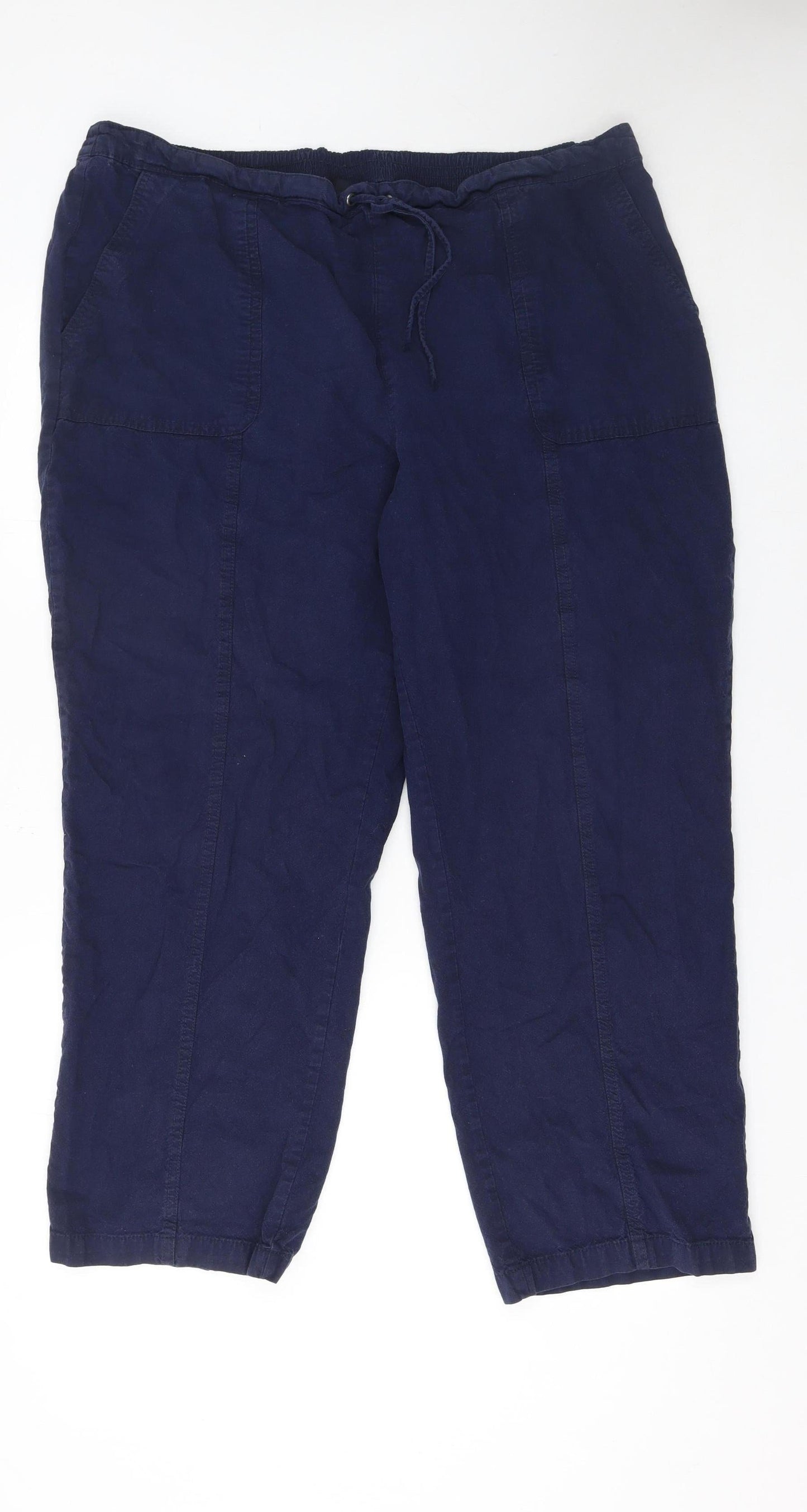 Isle Womens Blue Cotton Cropped Trousers Size 22 Elastic Waist