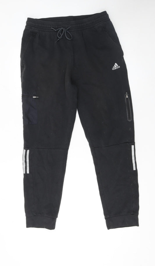 Adidas Men's Black Jogger Trousers L Cotton Polyester Reflective Trim