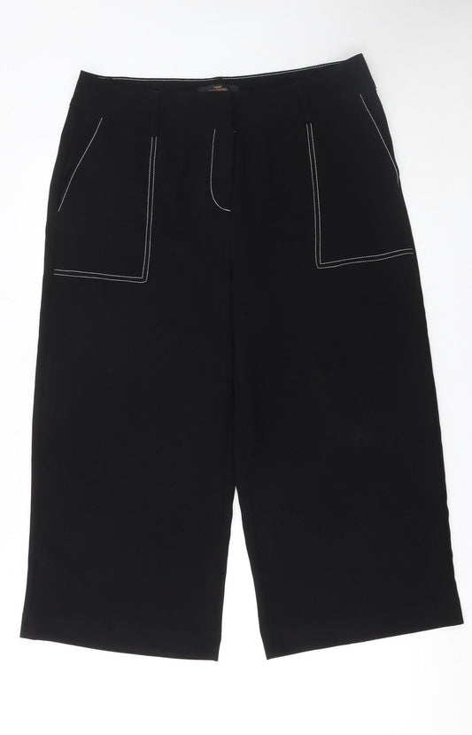 Next Women Black 14R Wide-Leg Cropped Trousers Polyester