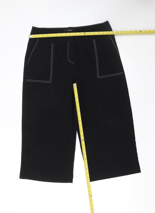 Next Women Black 14R Wide-Leg Cropped Trousers Polyester
