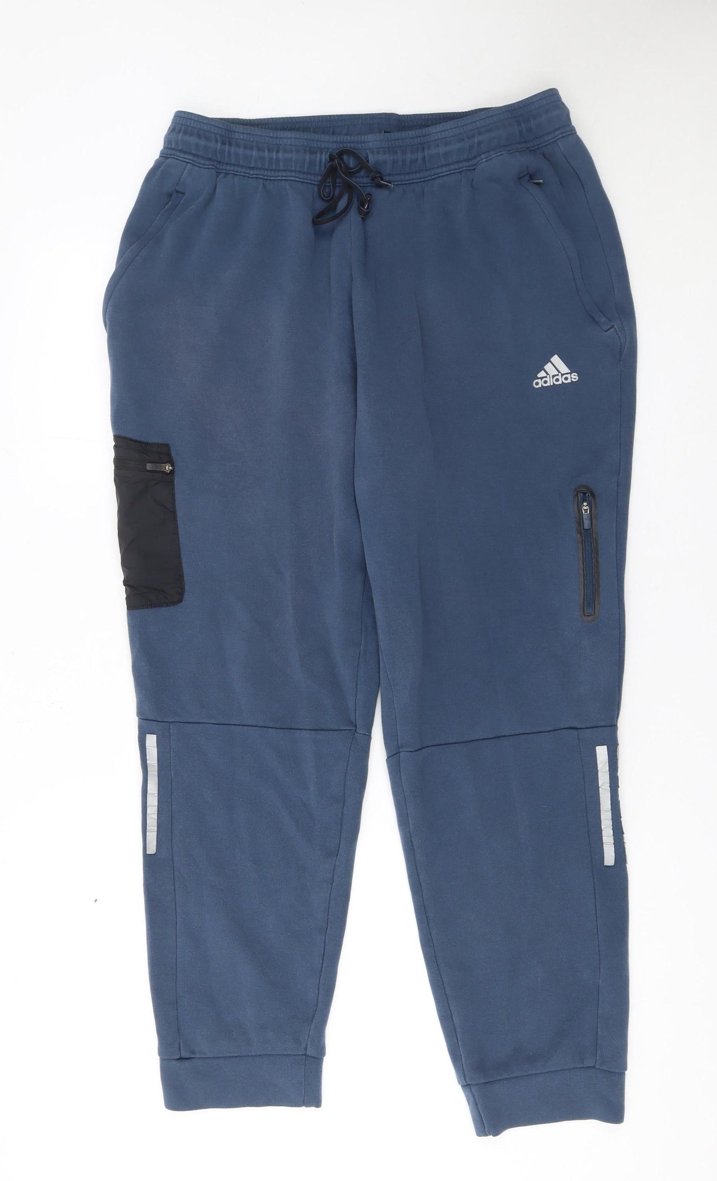 Adidas Men Blue Jogger Fleece Trousers L Reflective Pockets