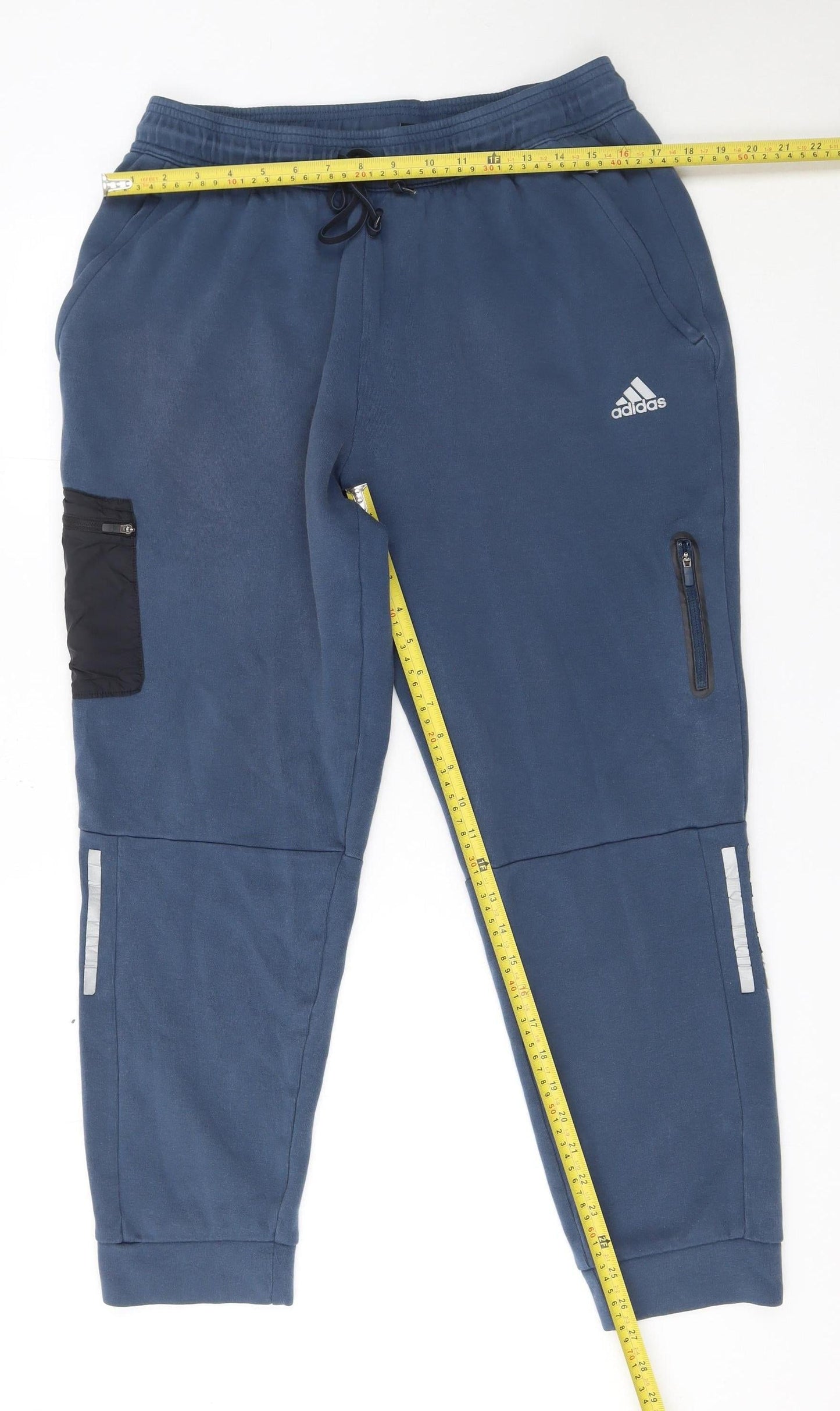 Adidas Men Blue Jogger Fleece Trousers L Reflective Pockets
